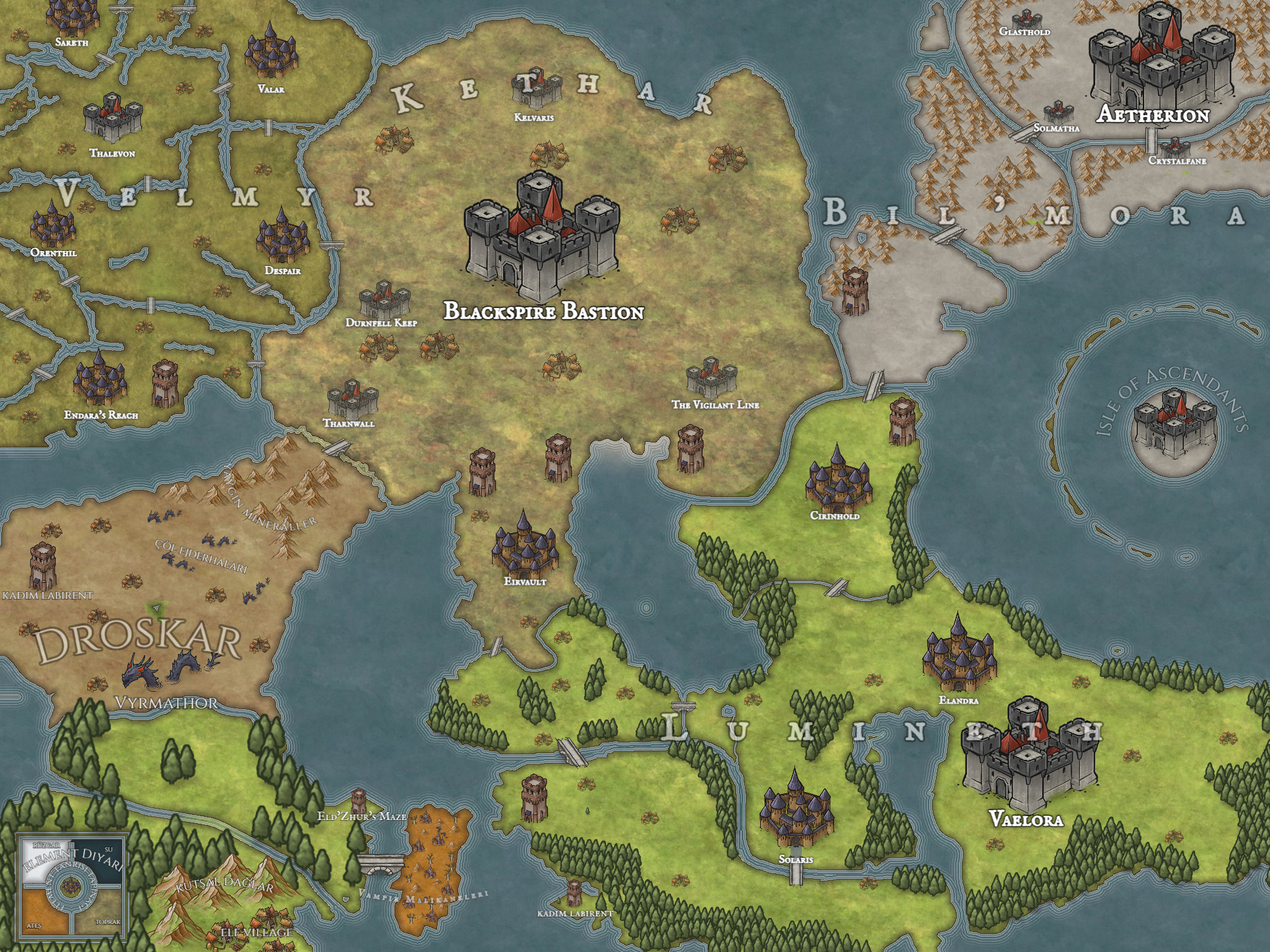 A detailed map of the continent of Aetherra.